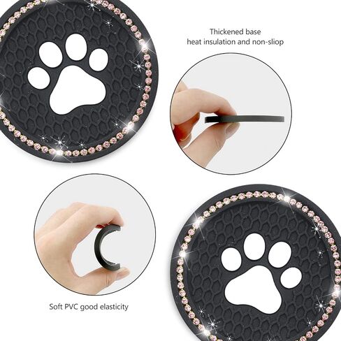 QODOLSI 2 PCS Bling Car Cup Holder Coasters, 2.75 inch Silicone Anti Slip Cute Dog Paw Car Coaster, Universal Rhinestone Car Interior Accessories (Black & Multicolour) in Saudi Arabia