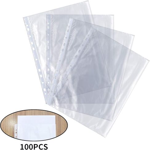 100 Sheets Clear Non Glare Loose Leaf A4 Paper File Letter Sheet Protectors, 11 Hole Fits for 2, 3, 4, and 11 Ring Binders (A4) in Saudi Arabia
