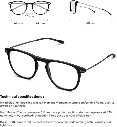 NOOZ Optics - نظارات زرقاء لحجب الضوء بدون تصحيح للرجال والنساء - شكل مربع - مجموعة دينو in Kuwait
