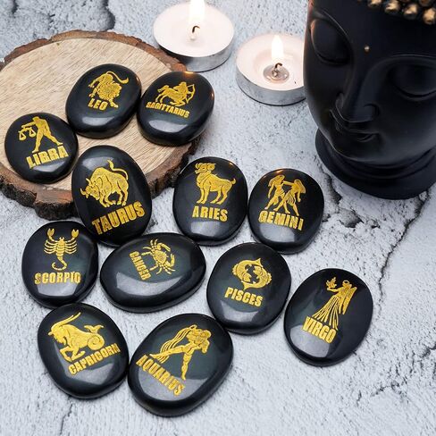 Crocon Assorted Stone Zodiac or Horoscope Symbols Engraved Stones with Name (Set of 12) for Reiki Healing Gemstone Love Crystal Sun Sign Gift in Saudi Arabia