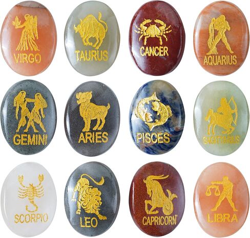 Crocon Assorted Stone Zodiac or Horoscope Symbols Engraved Stones with Name (Set of 12) for Reiki Healing Gemstone Love Crystal Sun Sign Gift in Saudi Arabia