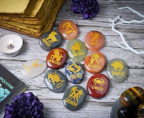 Crocon Assorted Stone Zodiac or Horoscope Symbols Engraved Stones with Name (Set of 12) for Reiki Healing Gemstone Love Crystal Sun Sign Gift in Saudi Arabia
