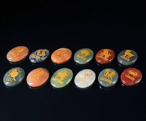 Crocon Assorted Stone Zodiac or Horoscope Symbols Engraved Stones with Name (Set of 12) for Reiki Healing Gemstone Love Crystal Sun Sign Gift in Saudi Arabia