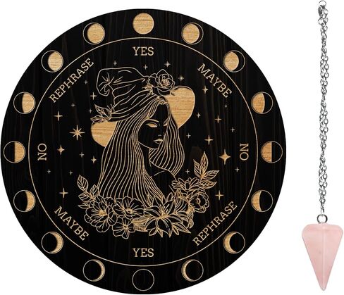 AHANDMAKER Pendulum Board Set, Wooden Dowsing Divination Board Metaphysical Message Board with Crystal Pendulum Necklace for Witchcraft Wiccan Altar Supplies Kit, Crow & Moon Ring in Saudi Arabia