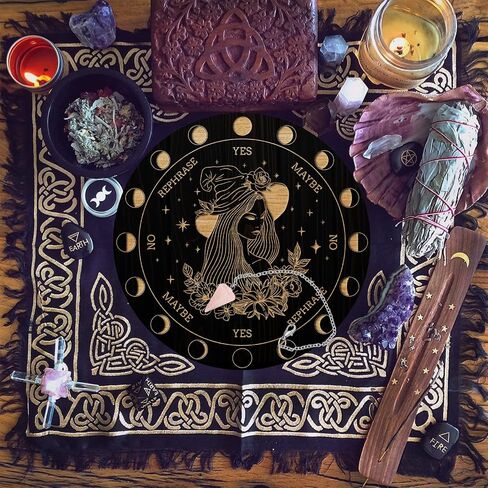 AHANDMAKER Pendulum Board Set, Wooden Dowsing Divination Board Metaphysical Message Board with Crystal Pendulum Necklace for Witchcraft Wiccan Altar Supplies Kit, Crow & Moon Ring in Saudi Arabia