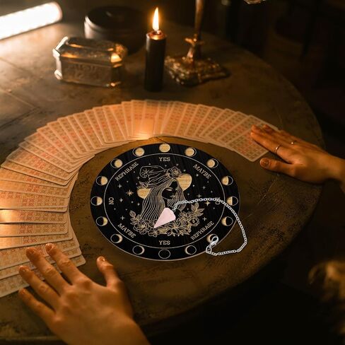 AHANDMAKER Pendulum Board Set, Wooden Dowsing Divination Board Metaphysical Message Board with Crystal Pendulum Necklace for Witchcraft Wiccan Altar Supplies Kit, Crow & Moon Ring in Saudi Arabia