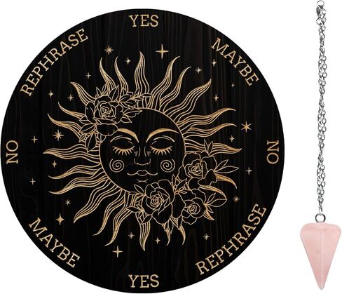 AHANDMAKER Pendulum Board Set, Wooden Dowsing Divination Board Metaphysical Message Board with Crystal Pendulum Necklace for Witchcraft Wiccan Altar Supplies Kit, Crow & Moon Ring in Saudi Arabia