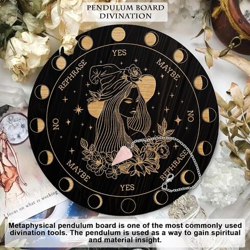 AHANDMAKER Pendulum Board Set, Wooden Dowsing Divination Board Metaphysical Message Board with Crystal Pendulum Necklace for Witchcraft Wiccan Altar Supplies Kit, Crow & Moon Ring in Saudi Arabia