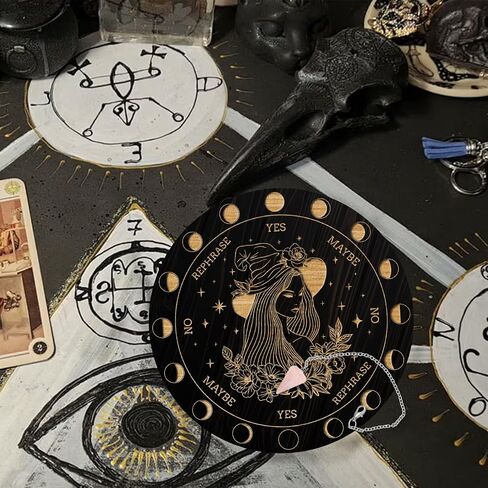 AHANDMAKER Pendulum Board Set, Wooden Dowsing Divination Board Metaphysical Message Board with Crystal Pendulum Necklace for Witchcraft Wiccan Altar Supplies Kit, Crow & Moon Ring in Saudi Arabia