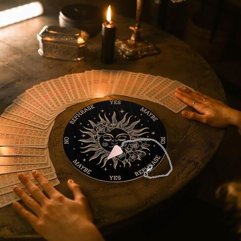 AHANDMAKER Pendulum Board Set, Wooden Dowsing Divination Board Metaphysical Message Board with Crystal Pendulum Necklace for Witchcraft Wiccan Altar Supplies Kit, Crow & Moon Ring in Saudi Arabia
