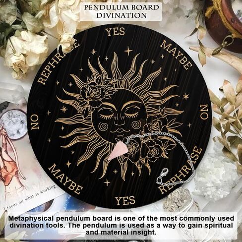 AHANDMAKER Pendulum Board Set, Wooden Dowsing Divination Board Metaphysical Message Board with Crystal Pendulum Necklace for Witchcraft Wiccan Altar Supplies Kit, Crow & Moon Ring in Saudi Arabia