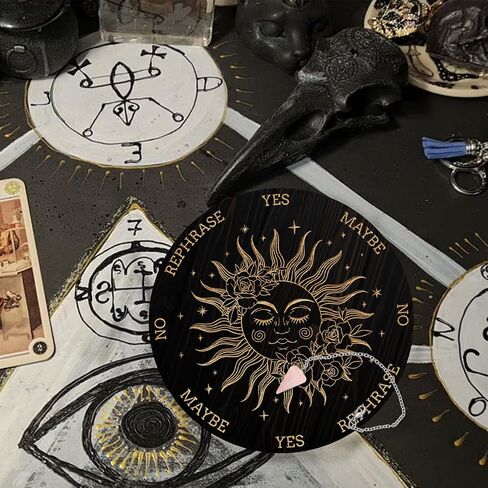 AHANDMAKER Pendulum Board Set, Wooden Dowsing Divination Board Metaphysical Message Board with Crystal Pendulum Necklace for Witchcraft Wiccan Altar Supplies Kit, Crow & Moon Ring in Saudi Arabia