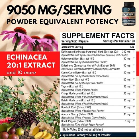 كبسولات إشنسا 11 في 1 تصل إلى 20: 1 مستخلص 9050 مجم - كمية كافية لمدة 3 أشهر - مع خاتم الذهب، البلسان، كامو كامو، الزنجبيل، الزعتر والمزيد - دعم صحة الجسم والجهاز المناعي - 90 كبسولة نباتية - غير معدلة وراثيًا in Kuwait