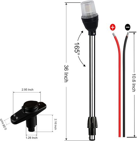 36 بوصة قارب صارم ضوء مرساة ضوء LED بحري مستدير بالكامل عمود ضوء أبيض قابل للإزالة 2 دبوس التوصيل مع قاعدة 10-24 فولت (الفولاذ المقاوم للصدأ مع قاعدة توصيل مستقيمة) in Kuwait
