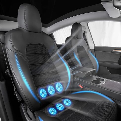 قطعتان من غطاء المقعد الأمامي للسيارة المبرد يناسب جميع موديلات تيسلا، وسادة مقعد سيارة مخصصة مع مروحة تبريد لطراز تيسلا 3 موديل Y 2017-2022، تغطية كاملة من الجلد المقاوم للماء، أسود in Kuwait