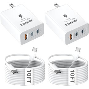 Mac Book Pro Charger ، 100W Gan USB C Wall Charging Block 3-Port Super Fast Power مع 10 قدم من النوع C كبل COLL لـ MacBook Pro/MacBook Air ، iPhone 16 15 Pro Max ، iPad ، Samsung Galaxy S25،2 Pack