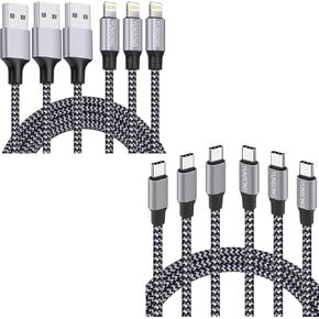 iPhone Charger - Lightning & USB-C 3-in-1 Nylon Braided 6ft Fast Charging Cable 3A (3-Pack)