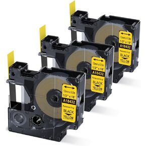 Rhino Vinyl Label Tape 1/2'' Yellow 18432 Compatible with Dymo Rhino 5200 4200 5000 6000 Pro Industrial Label Maker Refills A18432, 1/2" x 18', 3-Pack
