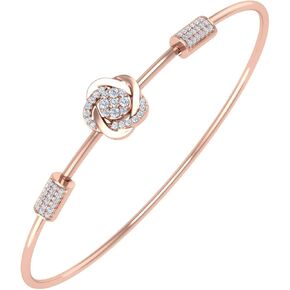 FINEROCK 1/5 Carat Diamond Floral Bangle Bracelet in 10K Gold and Steel