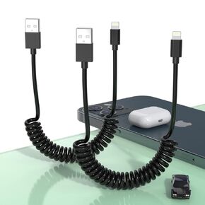 2Pack CarPlay USB iPhone Coiled Lightning Charging Cable for Car/Uber,3Ft Apple Short Charging Cord Sync Data Retractable Charger Adapter Connector for iPhone 15/14/13/SE/Xr/iPad/AirPods[MFi Certified