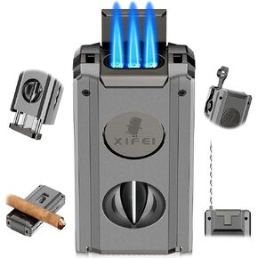 XIFEI Cigar Torch Lighter, 5-in-1 Refillable Butane Lighter with Cigar Cutter V Cut, Cigar Punch, Cigar Draw Enhancer, Cigar Holder, Multifunctional Windproof Lighters Triple Jet Flame (Black)