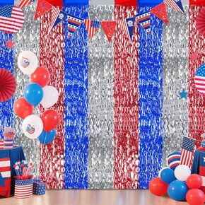 3 Pack Red White and Blue Foil Fringe Curtain for 4th of July Party Decoration, 3.3 X 6.6 ft America Patriotic Themed Tinsel Steamer Backdrop for Memorial Day, Independence Day Supplies