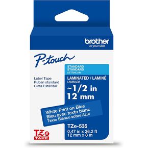 Brother Genuine P-Touch TZe White Print on Blue Label Tape (TZe535), Laminated,1/2in x 26.2ft (12mm x 8m), for Select P-Touch Label Makers, Durable, Water-Resistant, Indoor/Outdoor Use