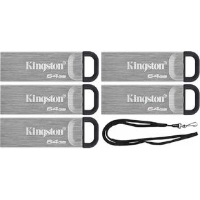 Kingston 64GB DataTraveler Kyson High Performance up to 200MB/s USB 3.2 Metal Flash Drive DTKN/64GB Bundle with (1) GoRAM Black Lanyard (64GB, 5 Pack)
