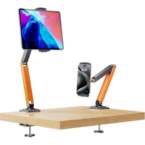 Adjustable Tablet Stand for Desk & Bed, 360 Degree Rotation Tablet Arm Holder with Clamp Mount, Phone & Tablets Desk Mount for Office, Compatible with iPad & 4.7-12.9in Android Tablets (White)