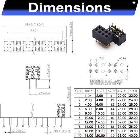 Pin Headers 2.0mm Header Connector Kit, 2 Row Female Header Pins 2P 3P 4P 5P 6P 7P 8P 9P 10P 12P PCB Board Pin Header Strip 180 Degree (YO-Pin-Str-2.0-F-Dual) in Saudi Arabia