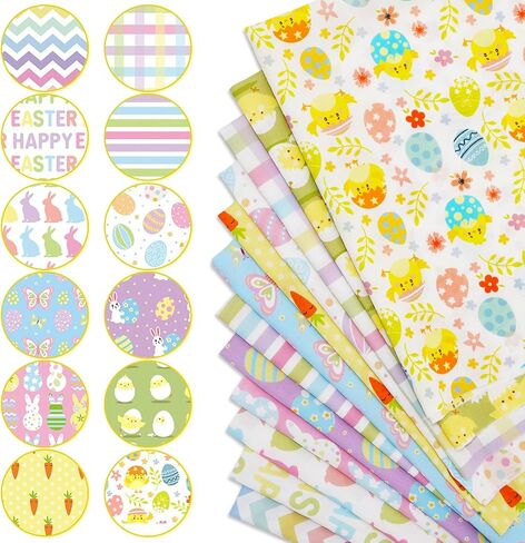 Whaline 12Pcs Easter Cotton Fabric Bundles 18 x 22 Inch Easter Bunny Egg Carrot Printed Fat Quarters Happy Easter Quilting Patchwork Squares Sewing Fabrics for DIY Handmade Crafting Home Party Decor in Saudi Arabia