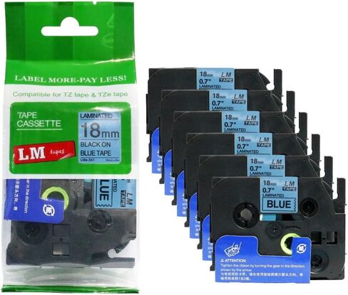 6/Pack LM TAPES-LME541 Premium 3/4 "طباعة سوداء على ملصق أزرق متوافق مع شريط Tze541 P-touch يشمل دليل اللون/الحجم. in Kuwait
