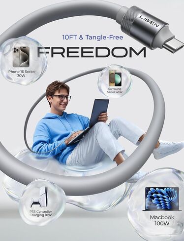 LISEN 10FT USB C Cable Fast Charging, Chubby 240W Cable USB C to USB C Fast Charging Soft Silicone USBC to USBC Parallel Cable for iPhone 17 Pro Max 16 15 Samsung S25 Ultra MacBook Pro Air iPad Purple in Kuwait