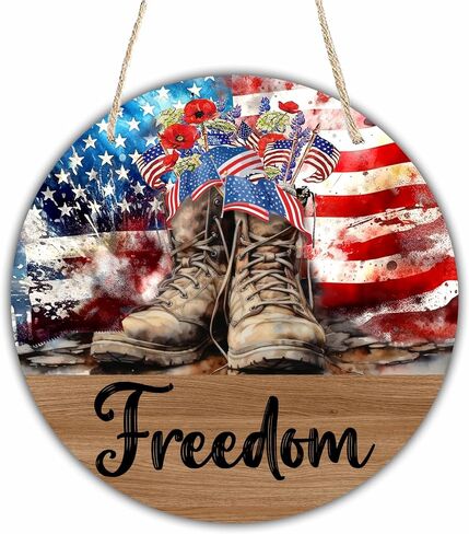 4Th Of July Hanging Wooden Sign With Sisal Rope - 10 Inches Round Door Sign, Patriotic Decor Wooden Plaque, God Bless America, For For Front Door Porch Wall，Home & Office Decoration & Accessories- D01 in Saudi Arabia