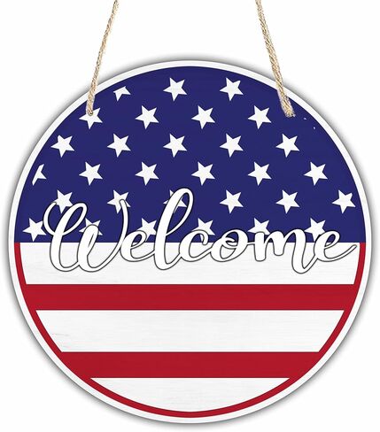4Th Of July Hanging Wooden Sign With Sisal Rope - 10 Inches Round Door Sign, Patriotic Decor Wooden Plaque, God Bless America, For For Front Door Porch Wall，Home & Office Decoration & Accessories- D01 in Saudi Arabia