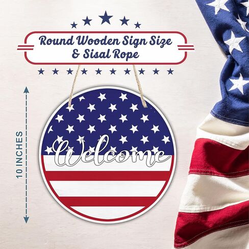 4Th Of July Hanging Wooden Sign With Sisal Rope - 10 Inches Round Door Sign, Patriotic Decor Wooden Plaque, God Bless America, For For Front Door Porch Wall，Home & Office Decoration & Accessories- D01 in Saudi Arabia