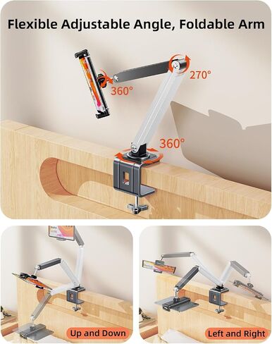 Adjustable Tablet Stand for Desk & Bed, 360 Degree Rotation Tablet Arm Holder with Clamp Mount, Phone & Tablets Desk Mount for Office, Compatible with iPad & 4.7-12.9in Android Tablets (White) in Saudi Arabia