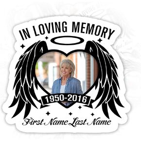Personalized Photo Sticker Custom Name and Time Memorial Heart with Wing in Loving Memory Bookish Funny Waterproof Die-Cut Vinyl Sticker for Water Bottle Laptop Phone for Friend Coworker Dad Mom