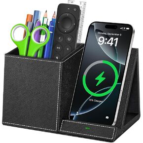 Pen Holder with Wireless Charger, PU Leather Pencil Holder for Desk, Multi-Functional Desktop Organizer, Desk Organizers and Accessories for Home School Office Supplies, Black