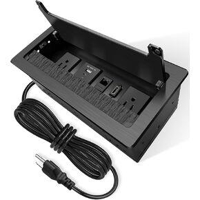 Conference Table Power Hub with 9.8FT Power Cord, Table Top Box with 2 AC Power+2 USB-A Charger+1 HDMI+1 RJ45(CAT6)+1 USB-C Data +1 Audio, Tabletop Multimedia Connectivity Box for Conference Room