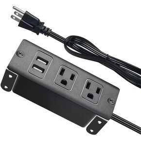 Recessed Power Strip with USB-A, Built-in Outlet Socket, Flat Plug Extension Cord, Dual Installation with Steel Brackets for Desk, Kitchen Island, Cabinet, Workbench (2AC USB-A)