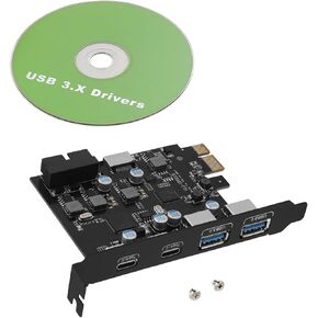 PCI Express to Type C USB-A Type-E 19-PIN Expansion Card 6-Ports USB PCIe Card, PCB + Metal