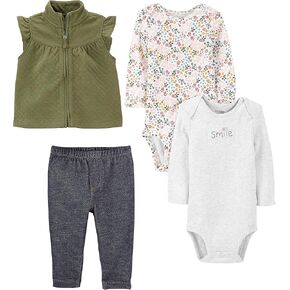 طقم بدلة وسترة Simple Joys من Carter's Baby للفتيات مكون من 4 قطع، عبوة من 4 قطع، وردي/مخطط/نقاط بيضاء/أزهار، 0-3 أشهر in Kuwait