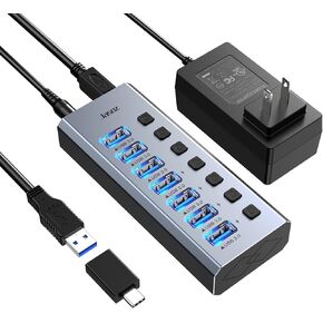 KAGO Powered USB Hub 3.0 with ac Adapter - 10 USB 3.0 Data Transfer Ports, 4 Charging Ports with Individual On/Off Switches, Power Adapter Included
