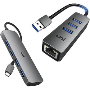 uni USB C to USB Hub Multiport Adapter, Aluminum 4 Ports USB C Splitter Bundle with USB 3.0 to Ethernet Adapter Gigabit, High-Speed USB Hub with Ethernet