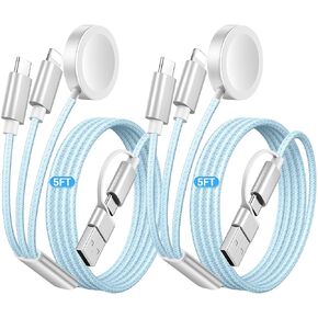 2Pack Temdan Travel Essentials for Apple Watch Charger, 3 in 2 USB C Cable for iPhone 16 Charger/Type C/Lightning, Portable Multi Charging Cable Cord Designed for iWatch Ultra/SE/10/1&iPhone 16/12-5FT