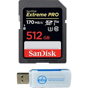 SanDisk Extreme Pro 512GB SD Card for Camera Works with Nikon Z6 II (Z 6II), Z7 II (Z 7II) - SDXC UHS-I Card (SDSDXXY-512G-GN4IN) Bundle with (1) Everything But Stromboli Micro & SD Memory Card Reader