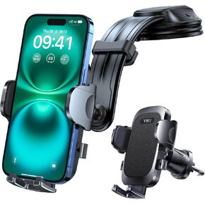 YRU [2025 Upgraded Safest Strongest Car Phone Holder Bendable Arm 【360° Rotatable Suction & Never Block View】 Cellphone Mount Dashboard Windshield Vent for iPhone 16 Pro Max 15, Black