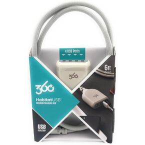 360 موئل Premium 4-Port USB HUB ، 4.8A/24W ، سلك مضفر 6 قدم ، أبيض