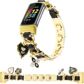Stylish Metal Wristband Compatible with Fitbit Charge 6/Charge 5 Band Women,Cuban Chain with Leather and Unique Charms Love Flower Pendants Bracelet Cute Strap for Fitness Tracker
